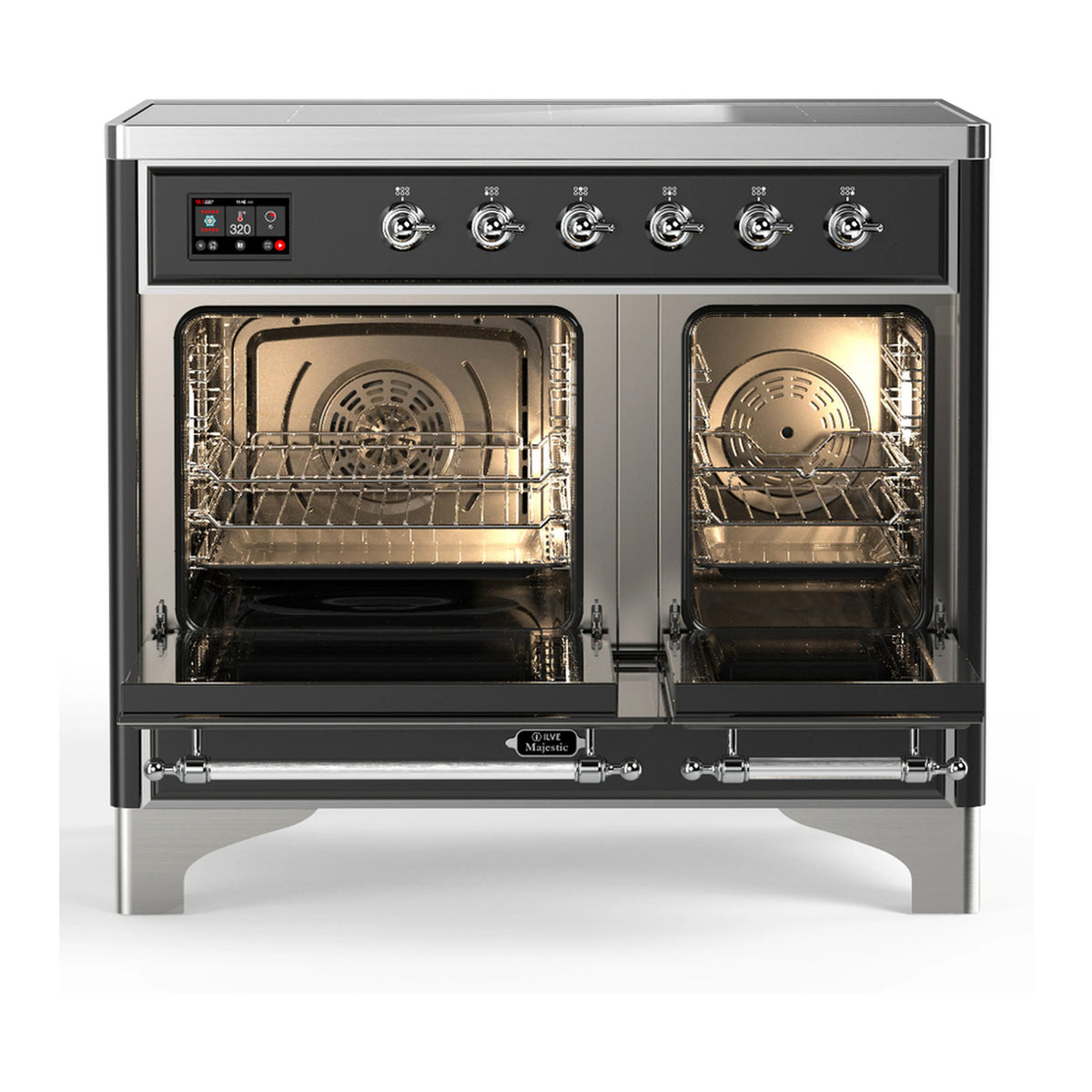 Glossy black induction range with open ovens, racks visible, and chrome trim