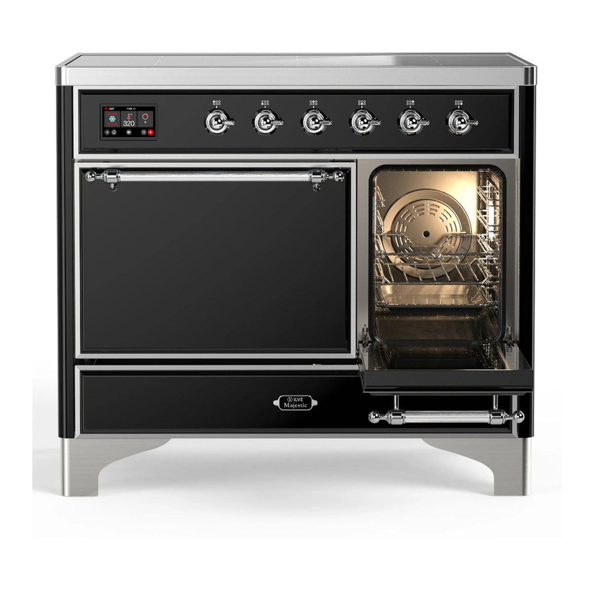 Glossy black induction range with right oven door open and left door closed, chrome trim
