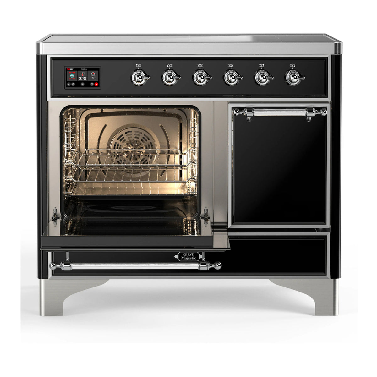 Induction range with both oven doors open, showing racks and interior light, glossy black