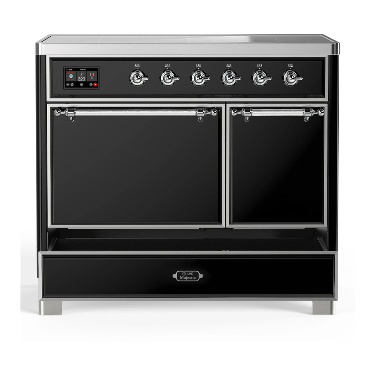 Glossy black induction range with two closed oven doors and six burner knobs, chrome trim