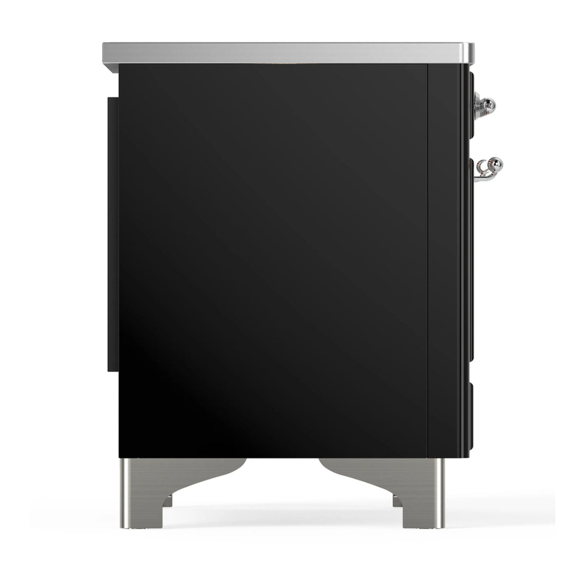 Side view of glossy black induction range with chrome trim and side controls