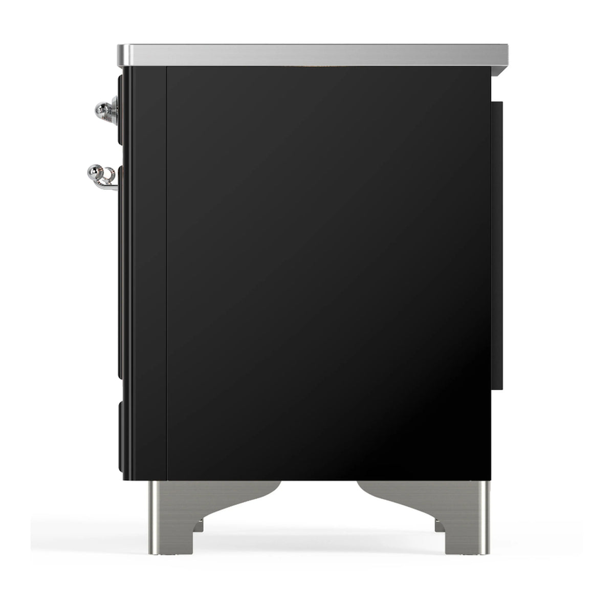 Side view of glossy black induction range with chrome trim and rear-side handles