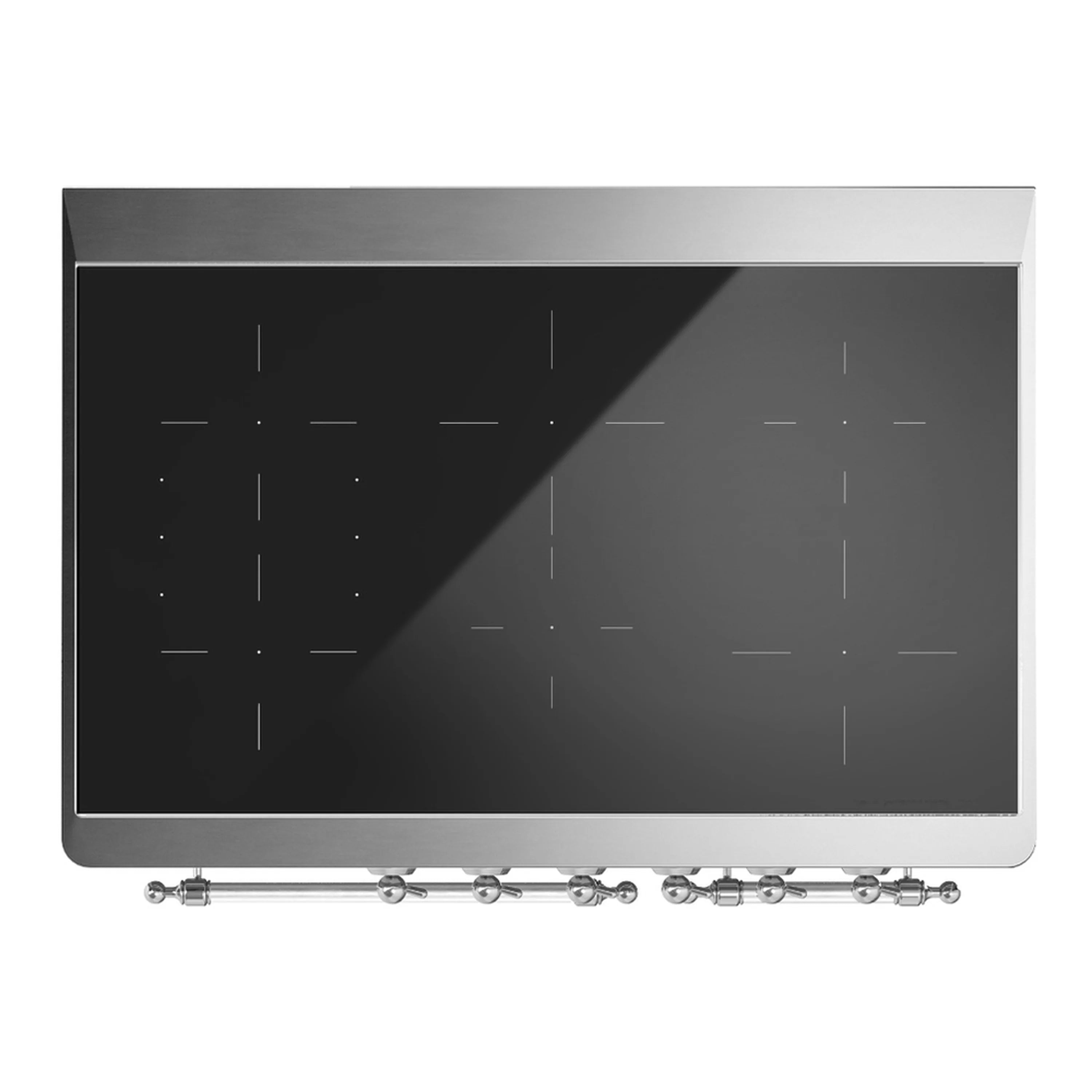 Lower drawer panel of glossy black induction range with visible chrome control knobs