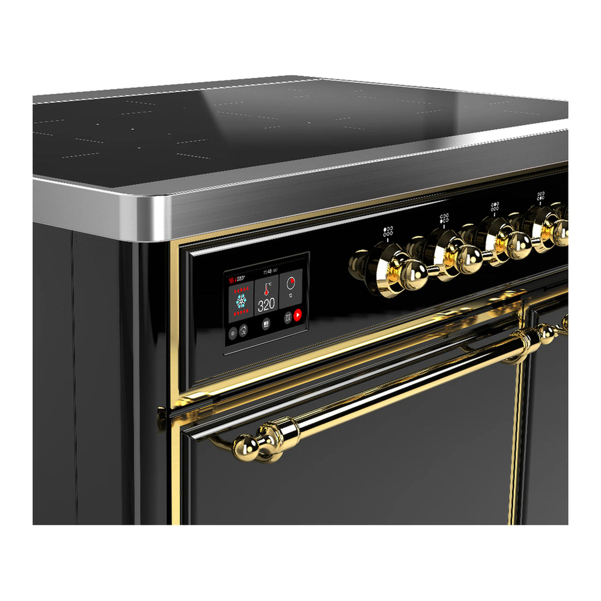 Induction range control panel with digital display and brass knobs on black frame