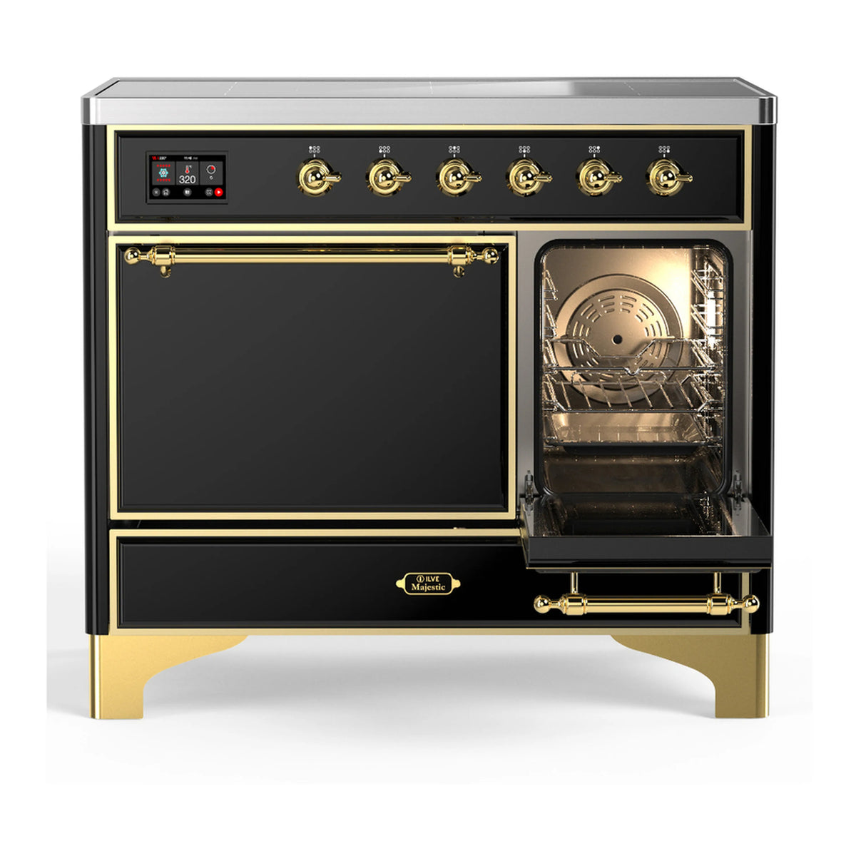 Induction range with oven door ajar, glass window showing interior racks