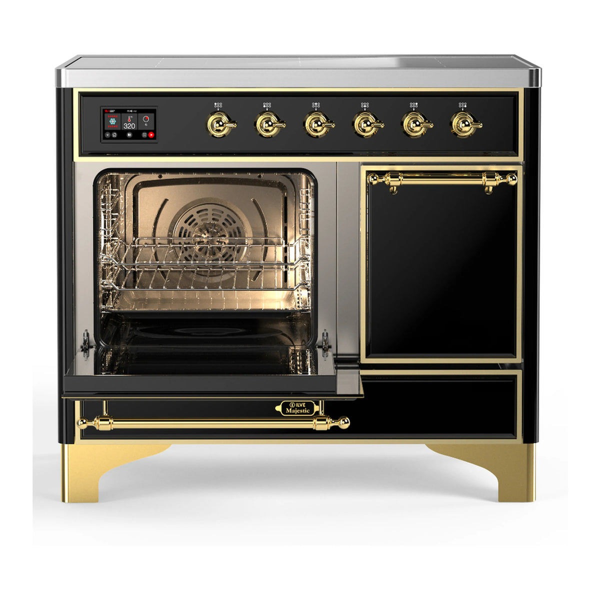 Induction range with oven doors open and visible interior racks, brass trim on black
