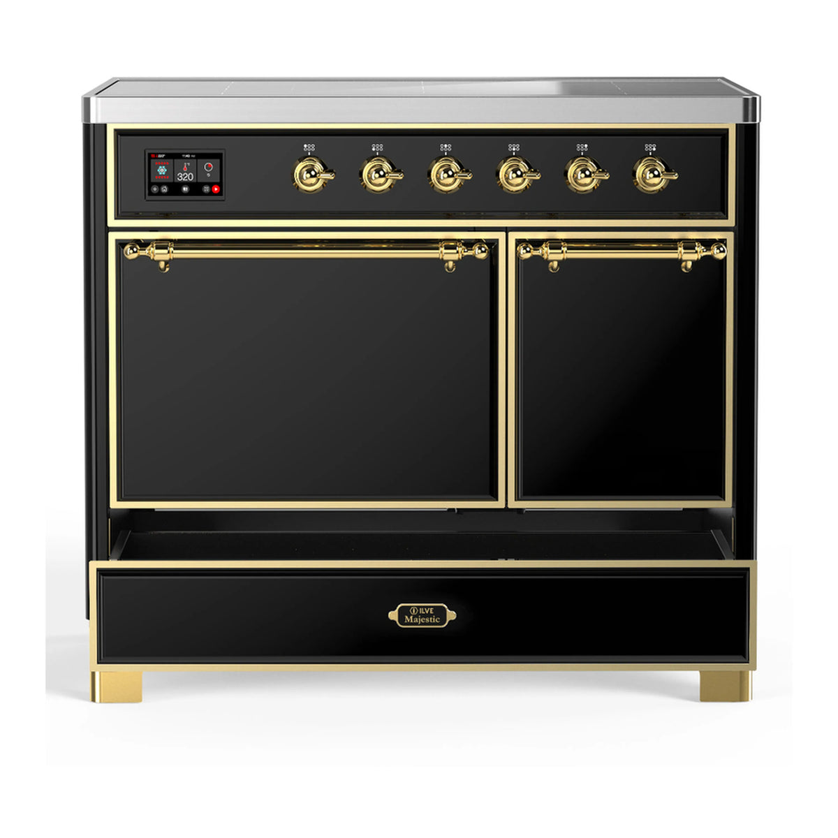 Induction range with closed oven doors and brass-trimmed control knobs