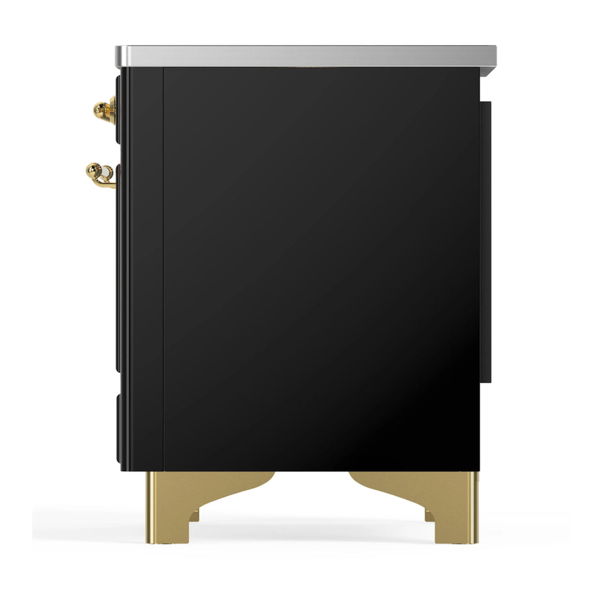 Black side panel of induction range with brass handle hardware and feet