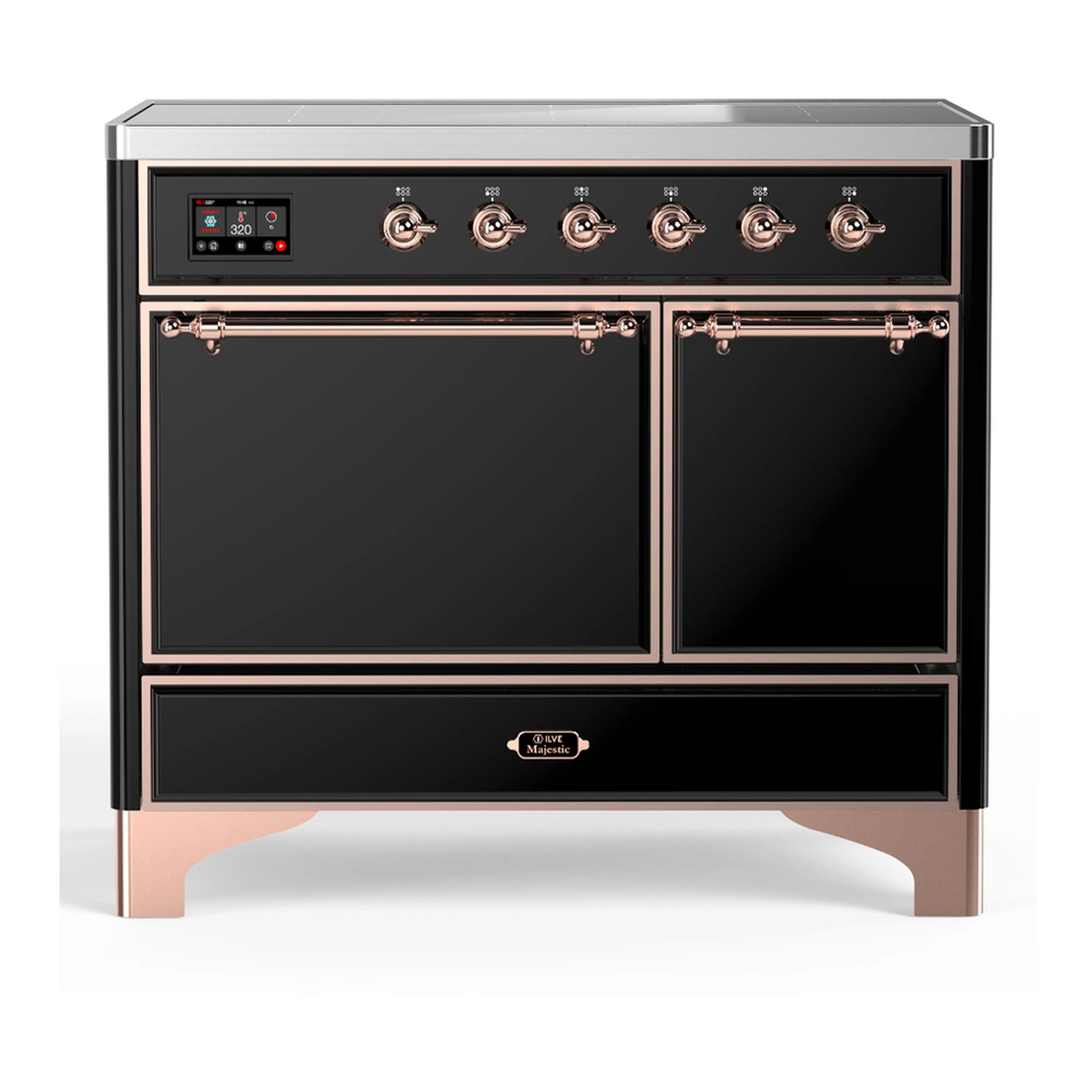 Induction range with glossy black doors and copper trim; six burner controls on top