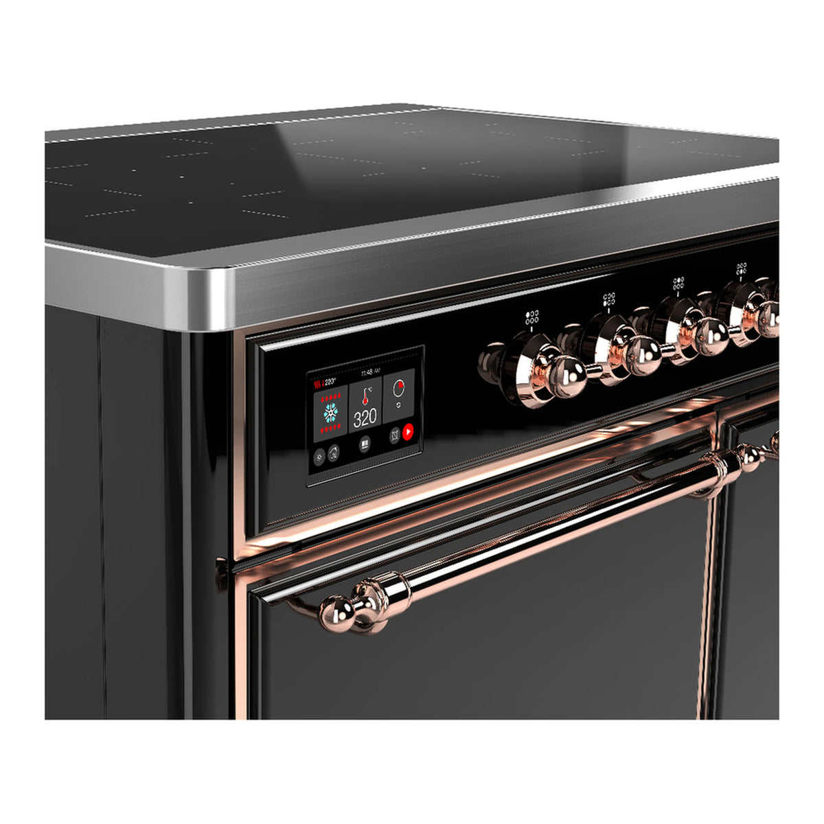 Induction range control panel with copper knobs and digital display in glossy black