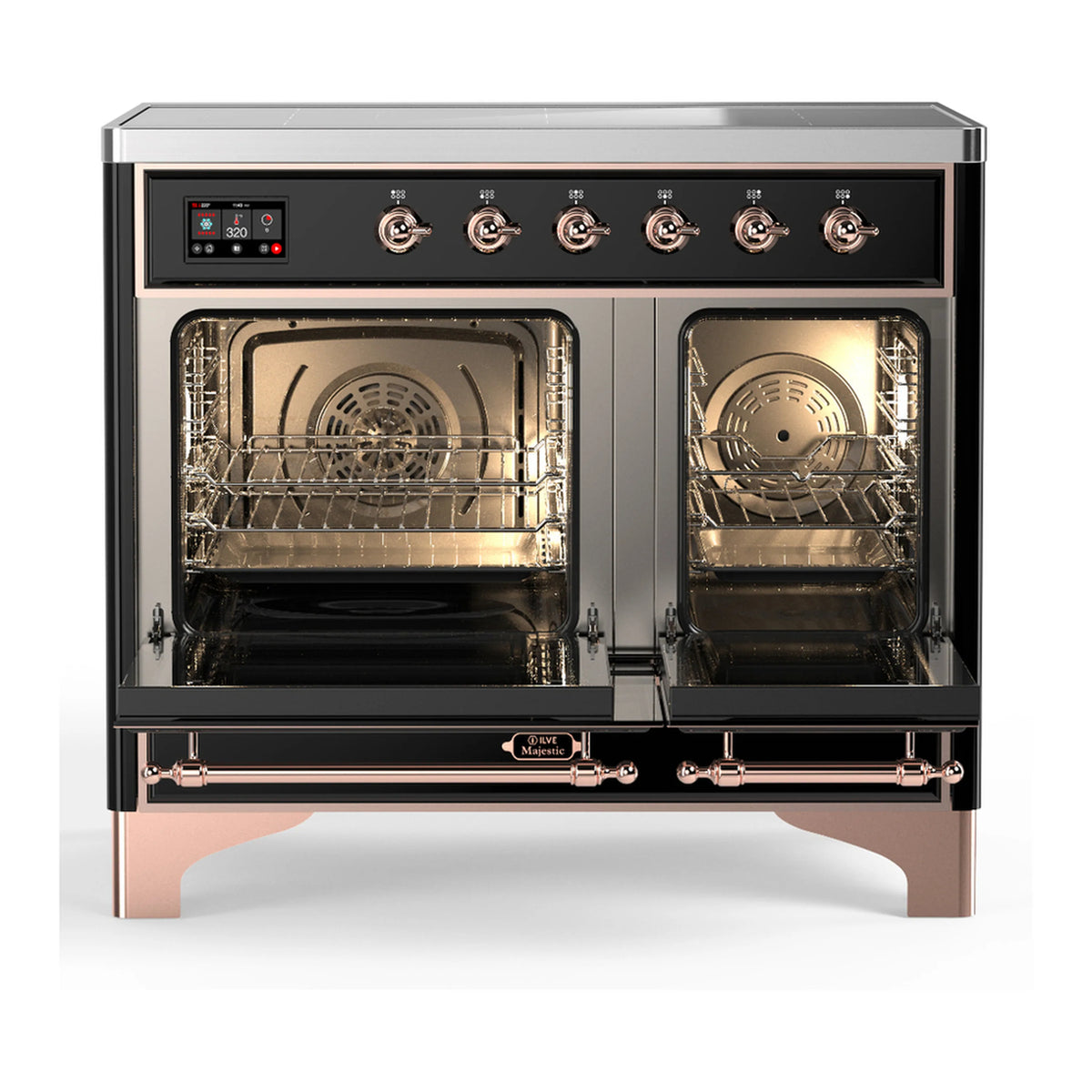 Induction range with two oven doors open, showing interior racks and copper accents