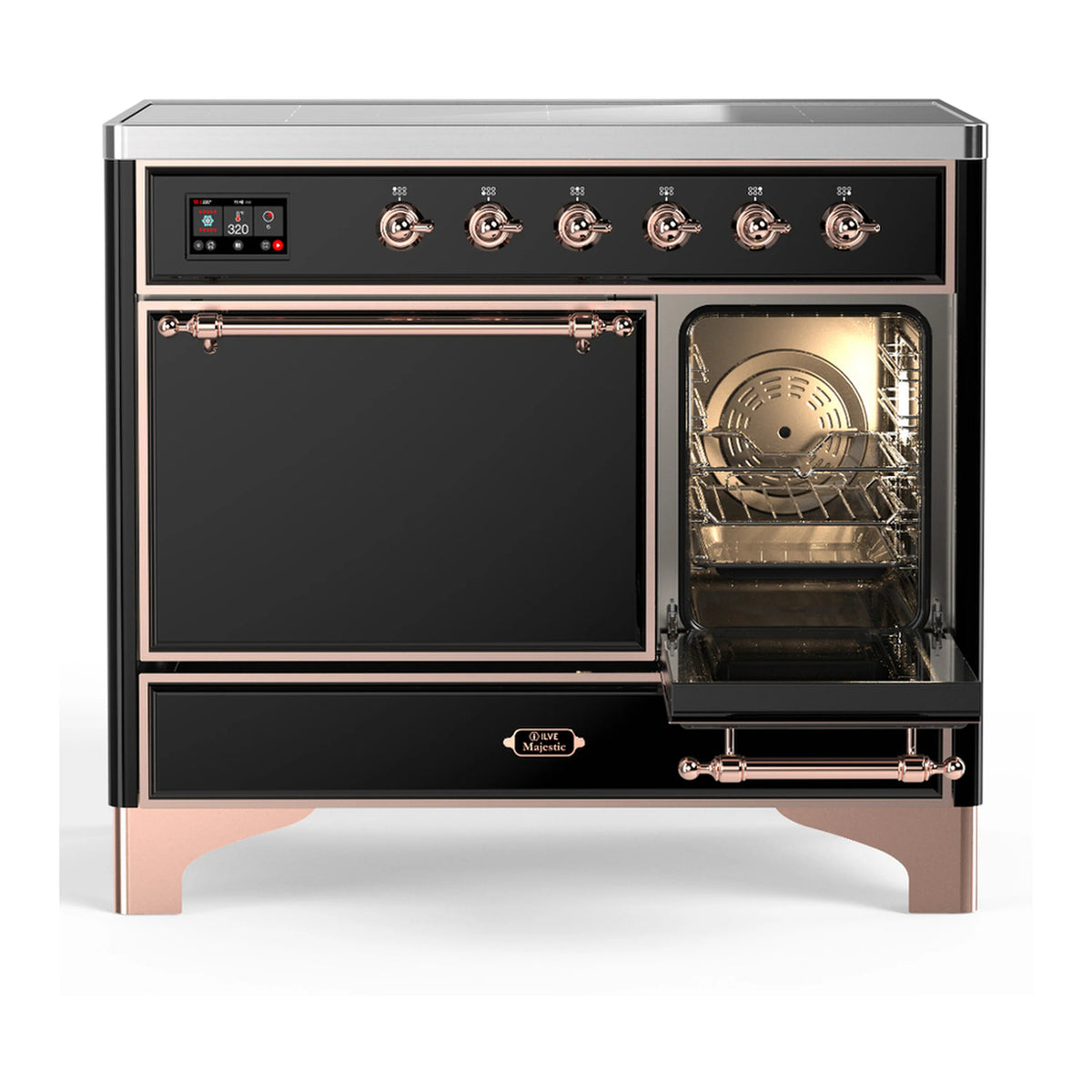 Induction range with upper door open and oven interior visible; copper trim accents