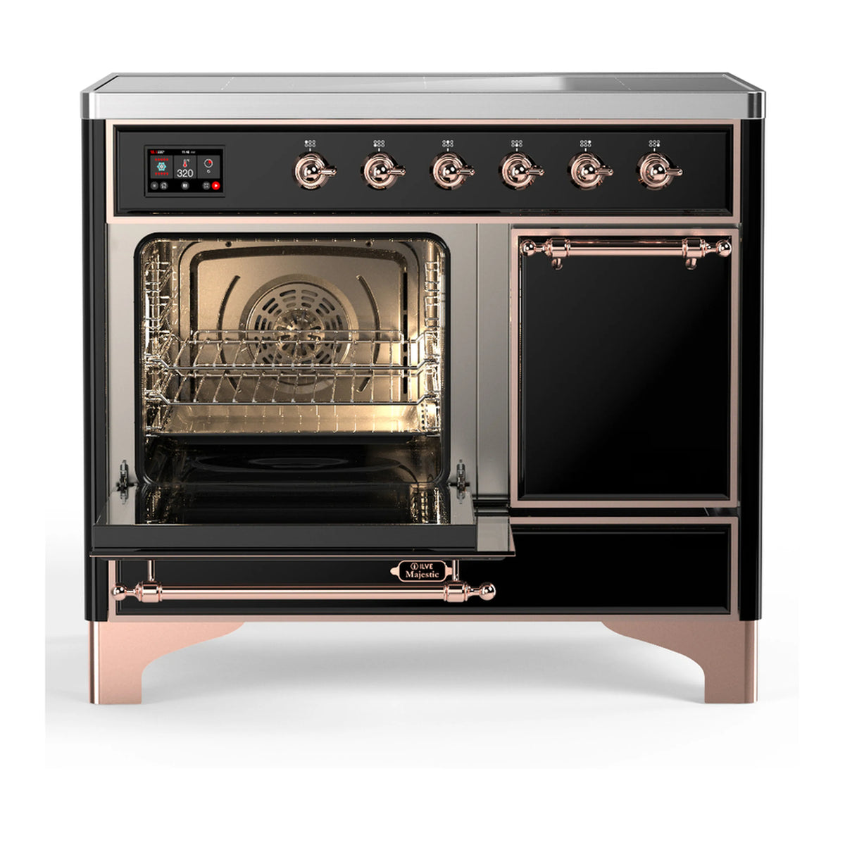 Induction range with left oven door open, showing wire racks and dark oven interior