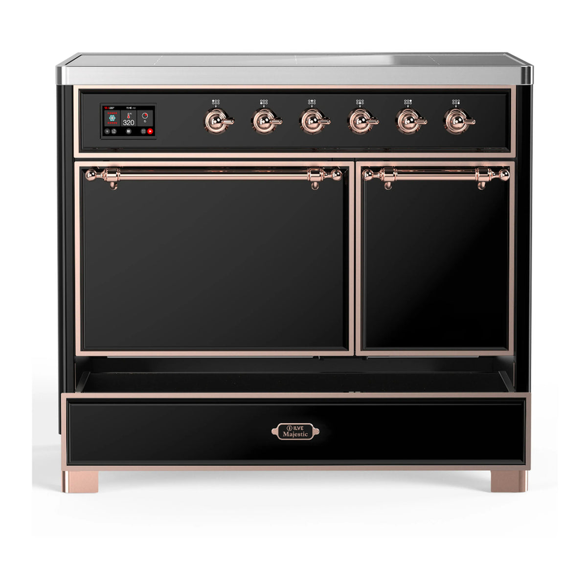 Induction range with two front doors closed and lower storage drawer; glossy black finish