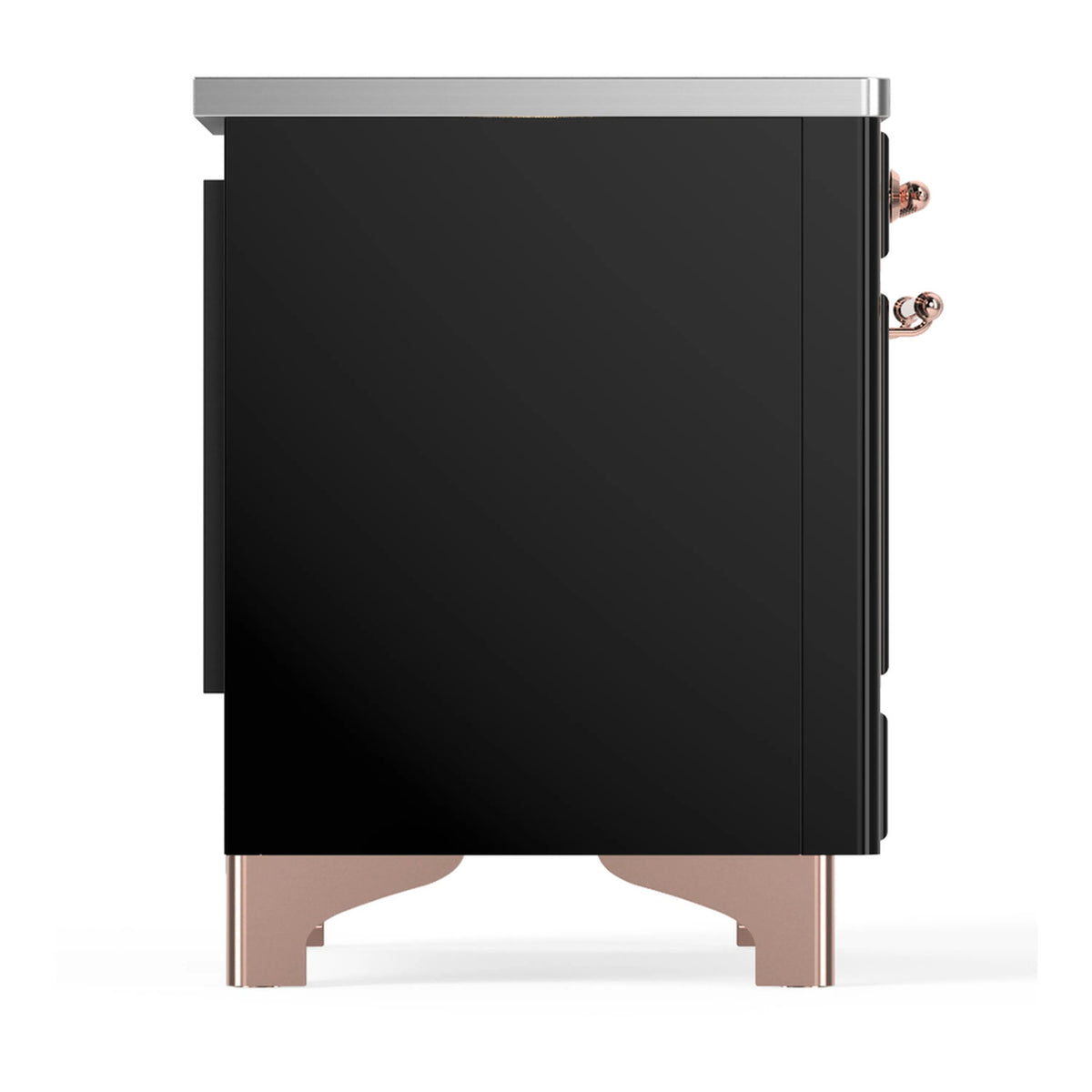 Induction range side panel in glossy black with copper handle hardware and trim