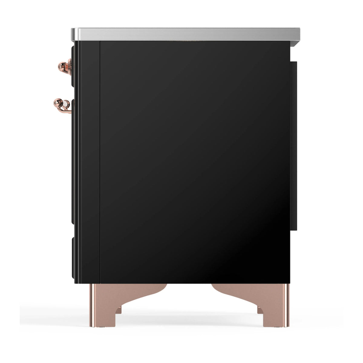 Induction range rear-side view with glossy black panel and copper handles