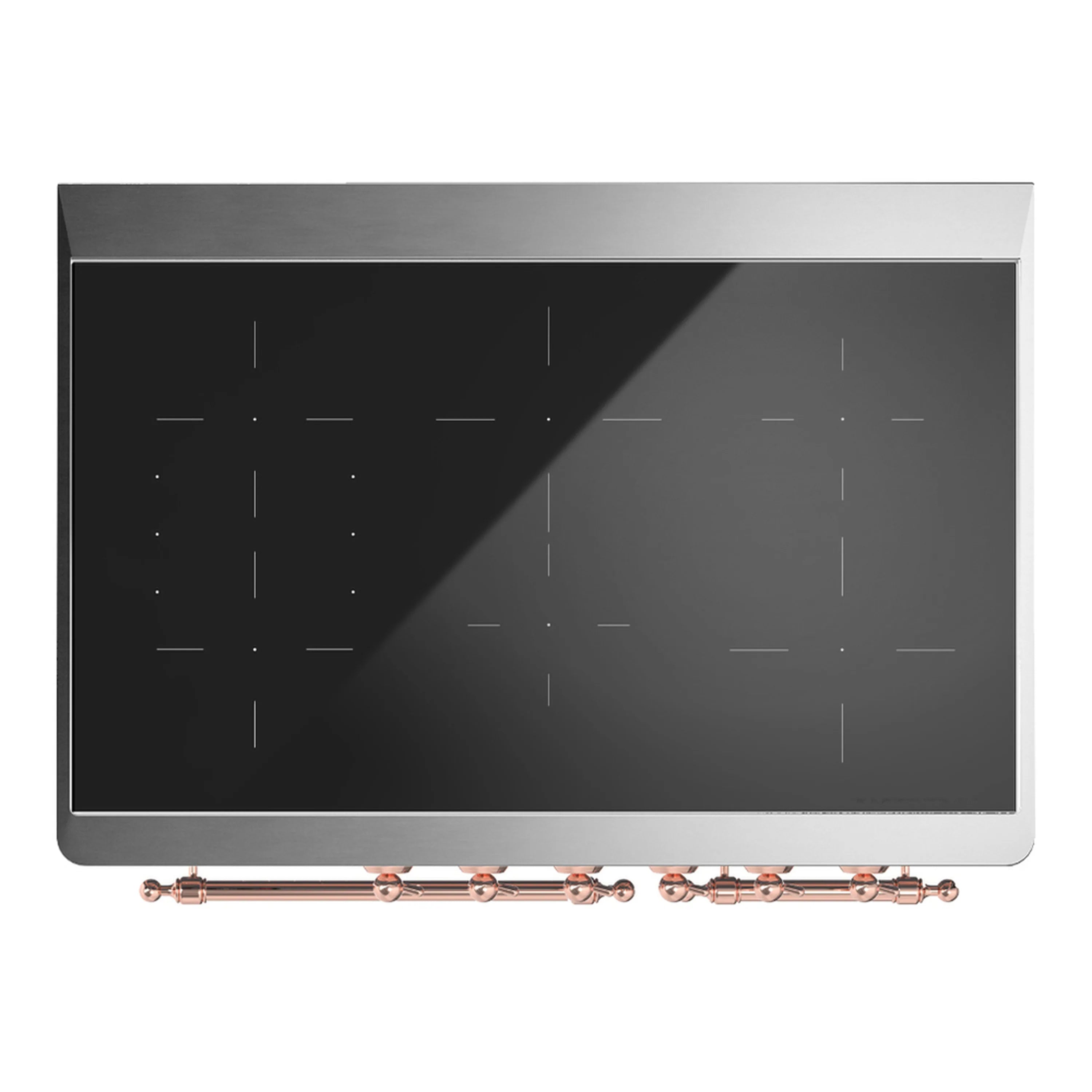 Induction cooktop surface with dark glass and copper control rail
