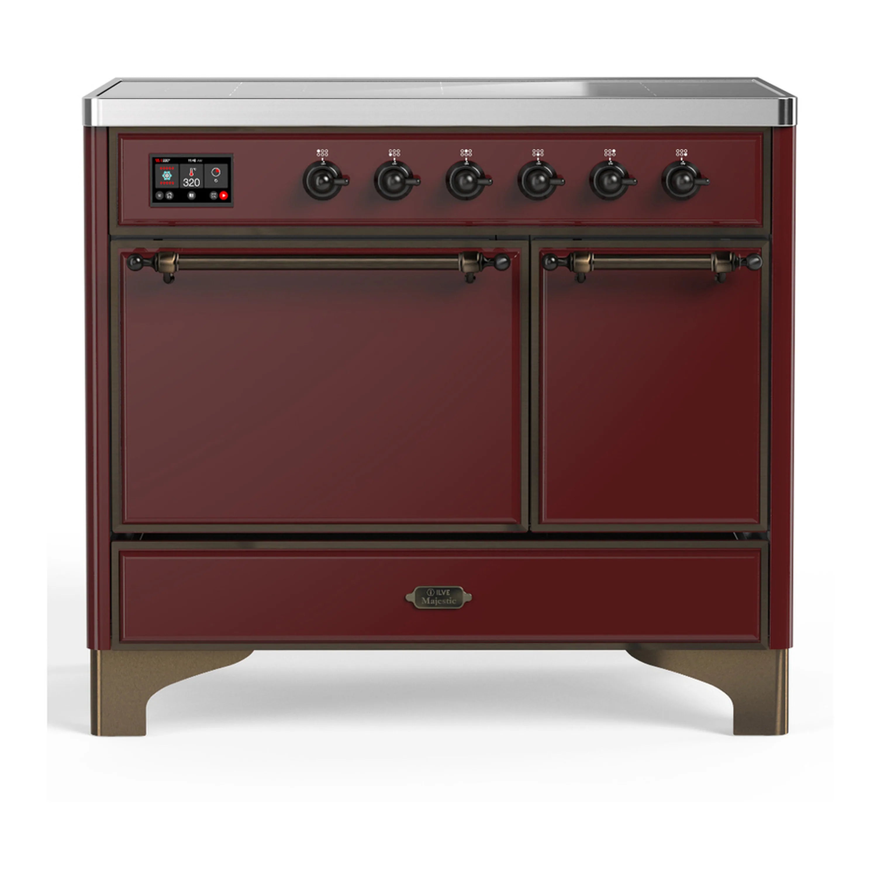 Burgundy 40-inch induction range with 6 burners and solid-door electric oven
