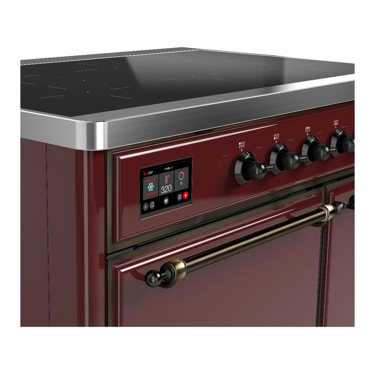 Burgundy induction range control panel with digital display and black knob handles