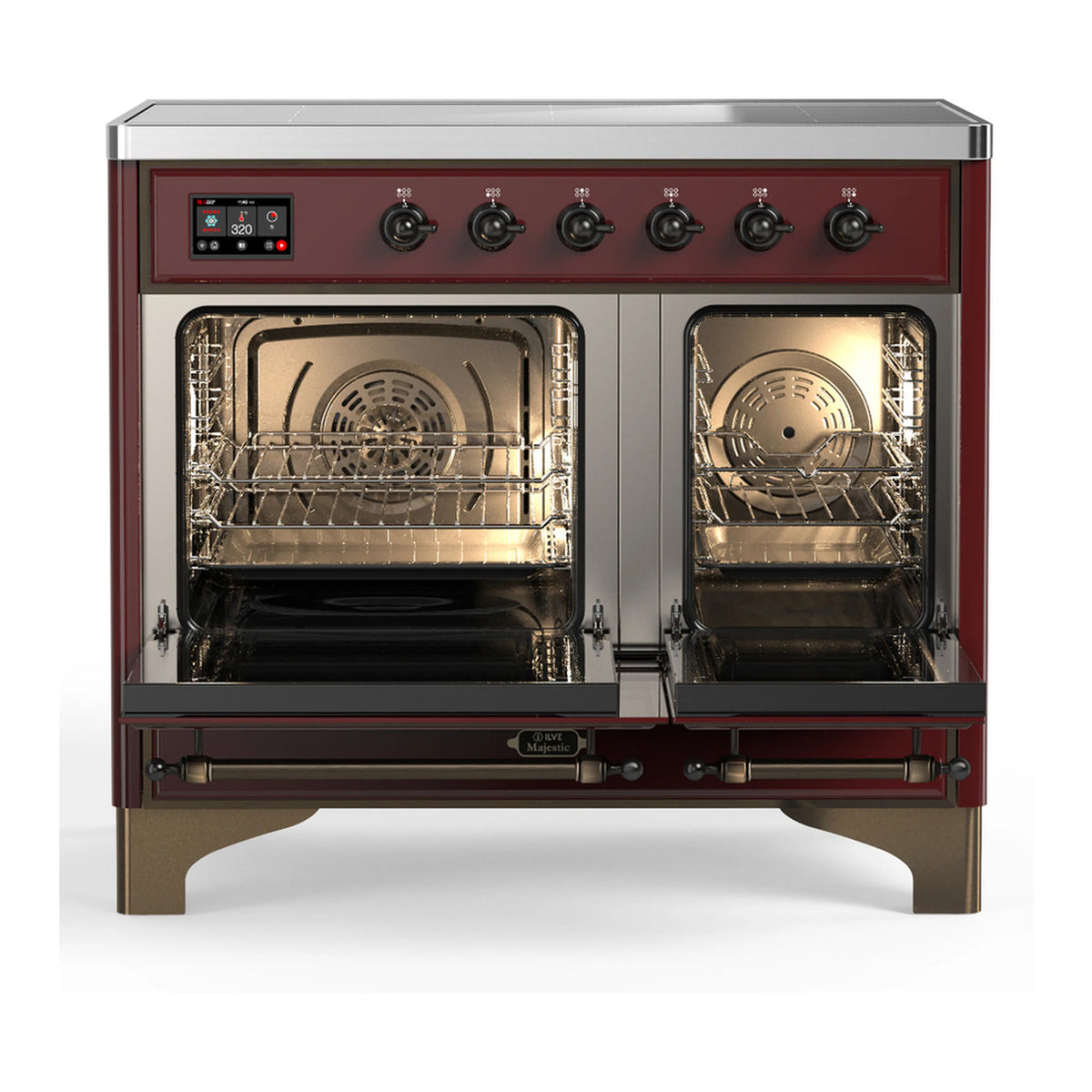 Burgundy electric oven with glass door open, wire racks and interior heating light