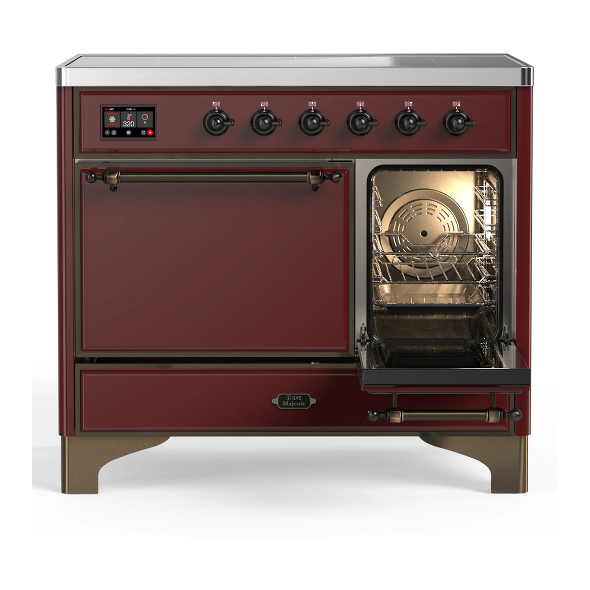 Burgundy induction range with right oven door open and lit interior