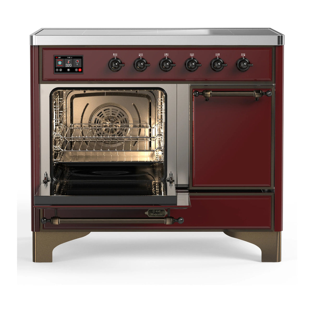 Burgundy induction range with dual oven doors open and visible wire racks