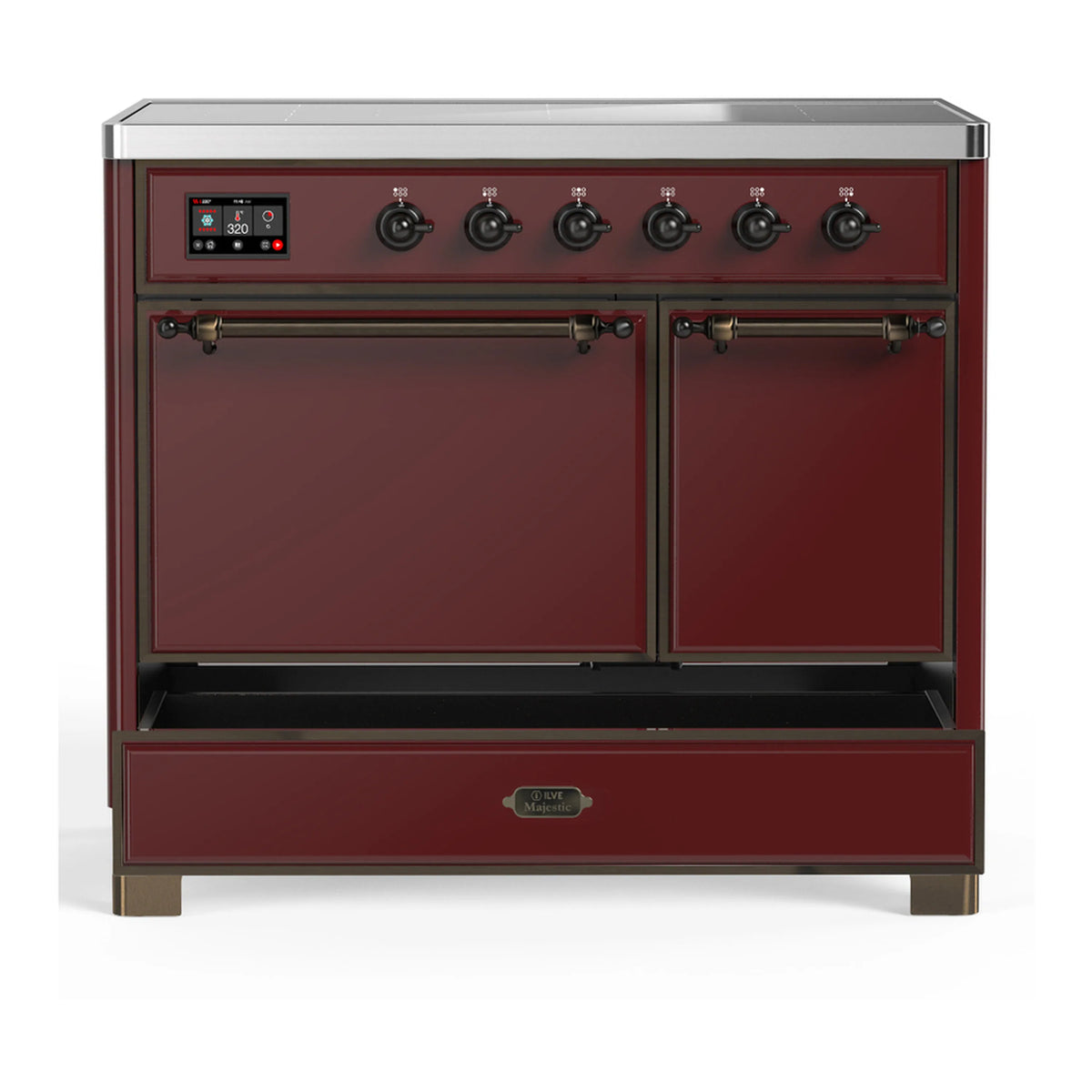 Burgundy induction range front view with two closed oven doors and drawer