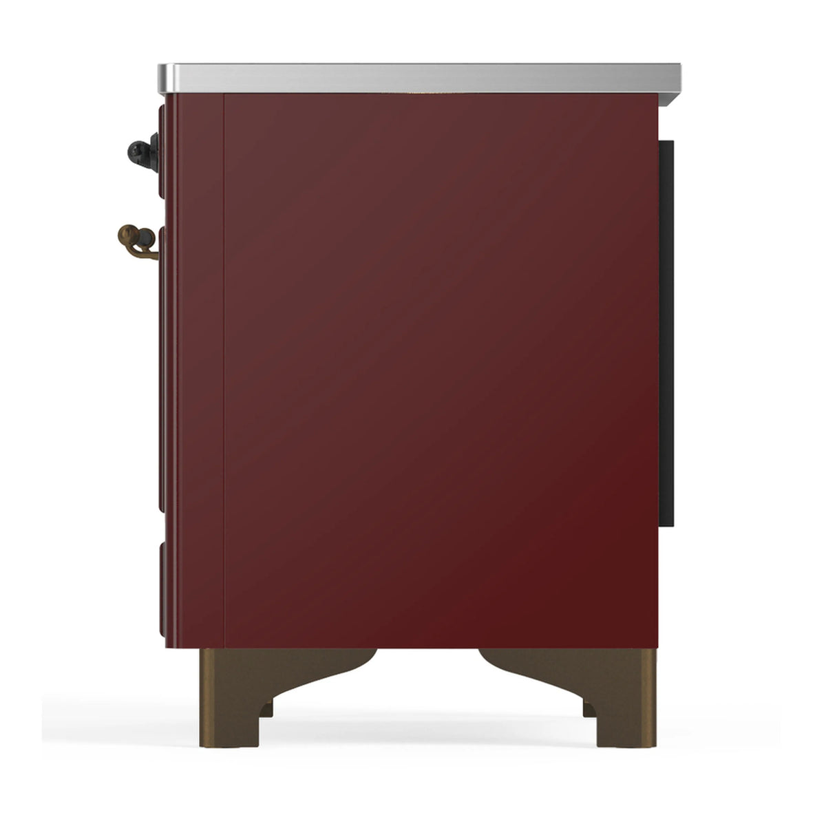 Burgundy induction range rear corner with side handles and stainless top