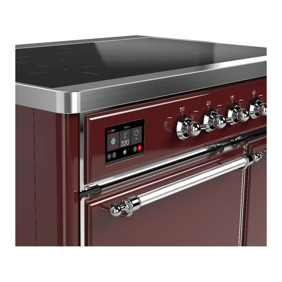 Burgundy induction range control panel with digital display and chrome knobs
