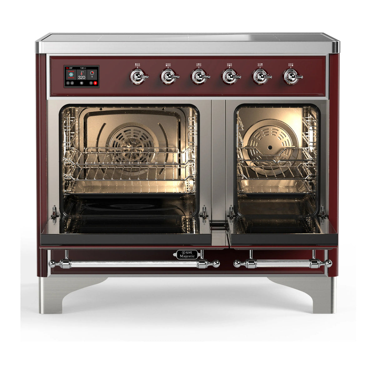 Burgundy electric oven with two open doors, wire racks, and interior light