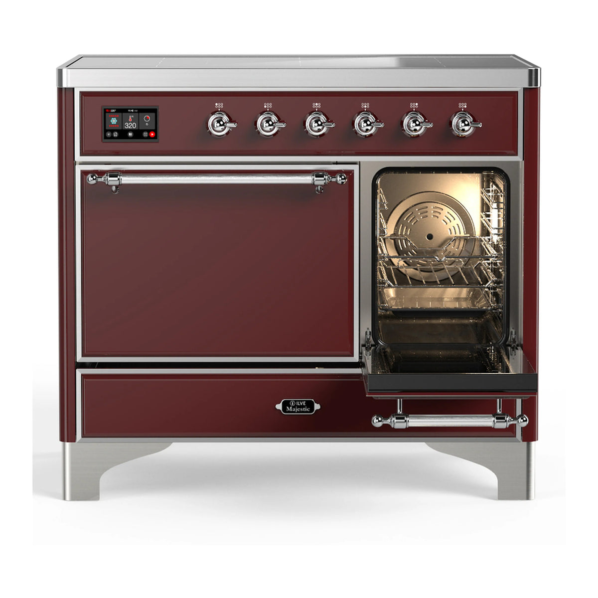 Burgundy range with open oven door showing wire racks and illuminated interior