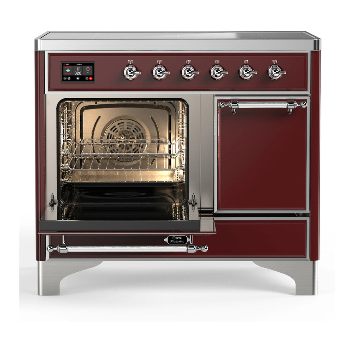 Burgundy oven with two open doors and illuminated interior with wire racks