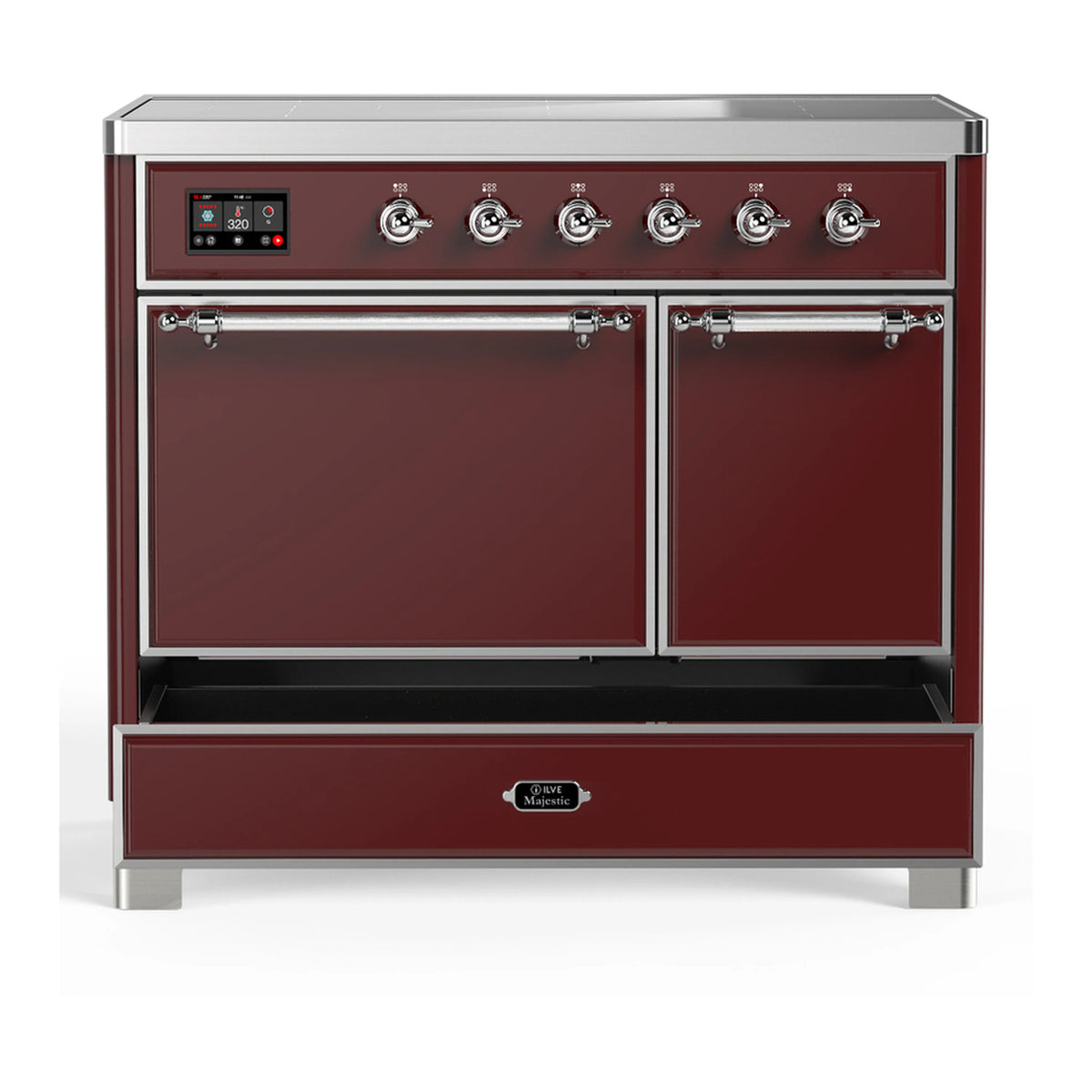 Burgundy electric range with open lower compartment and chrome trim