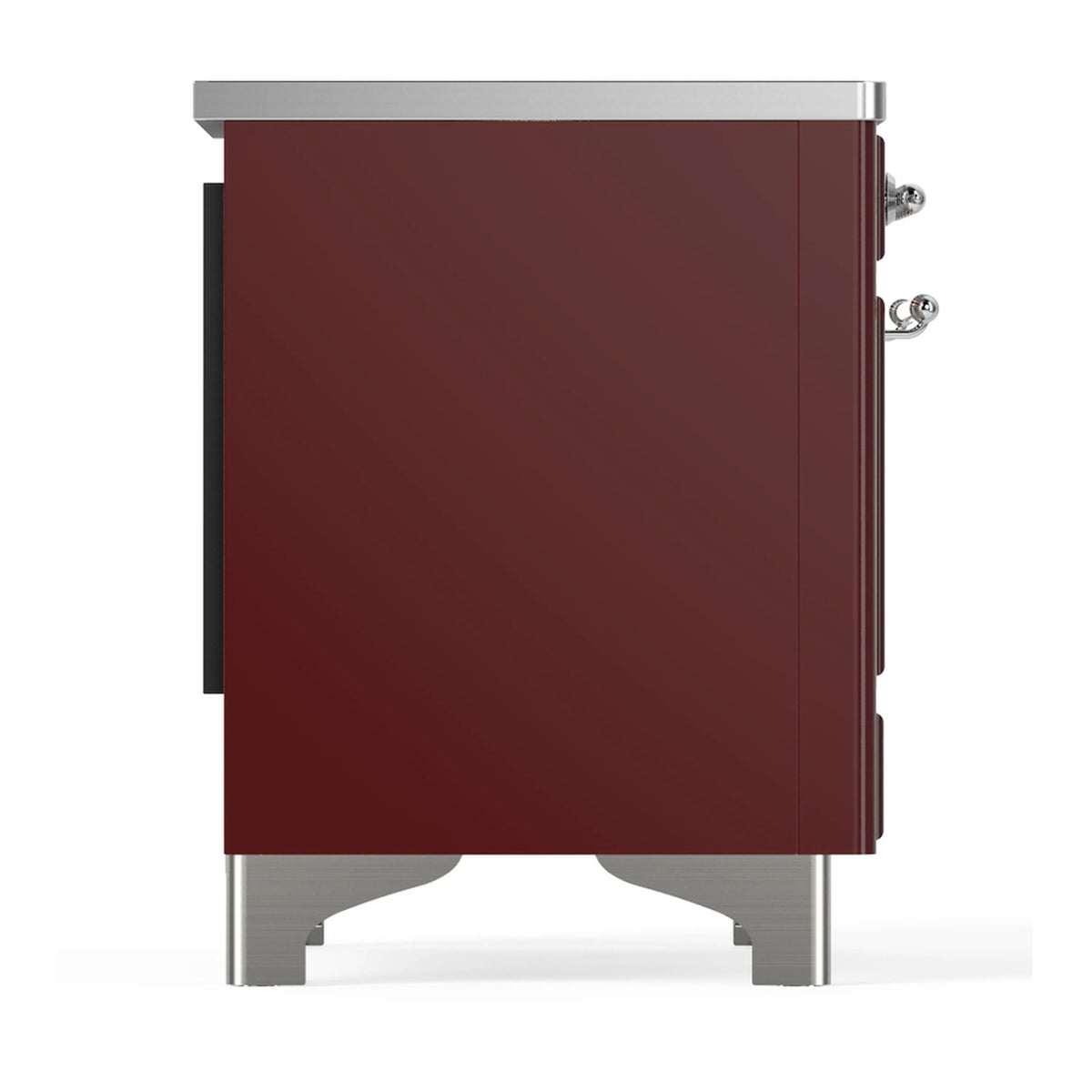 Burgundy side panel of induction range with chrome handle and trim