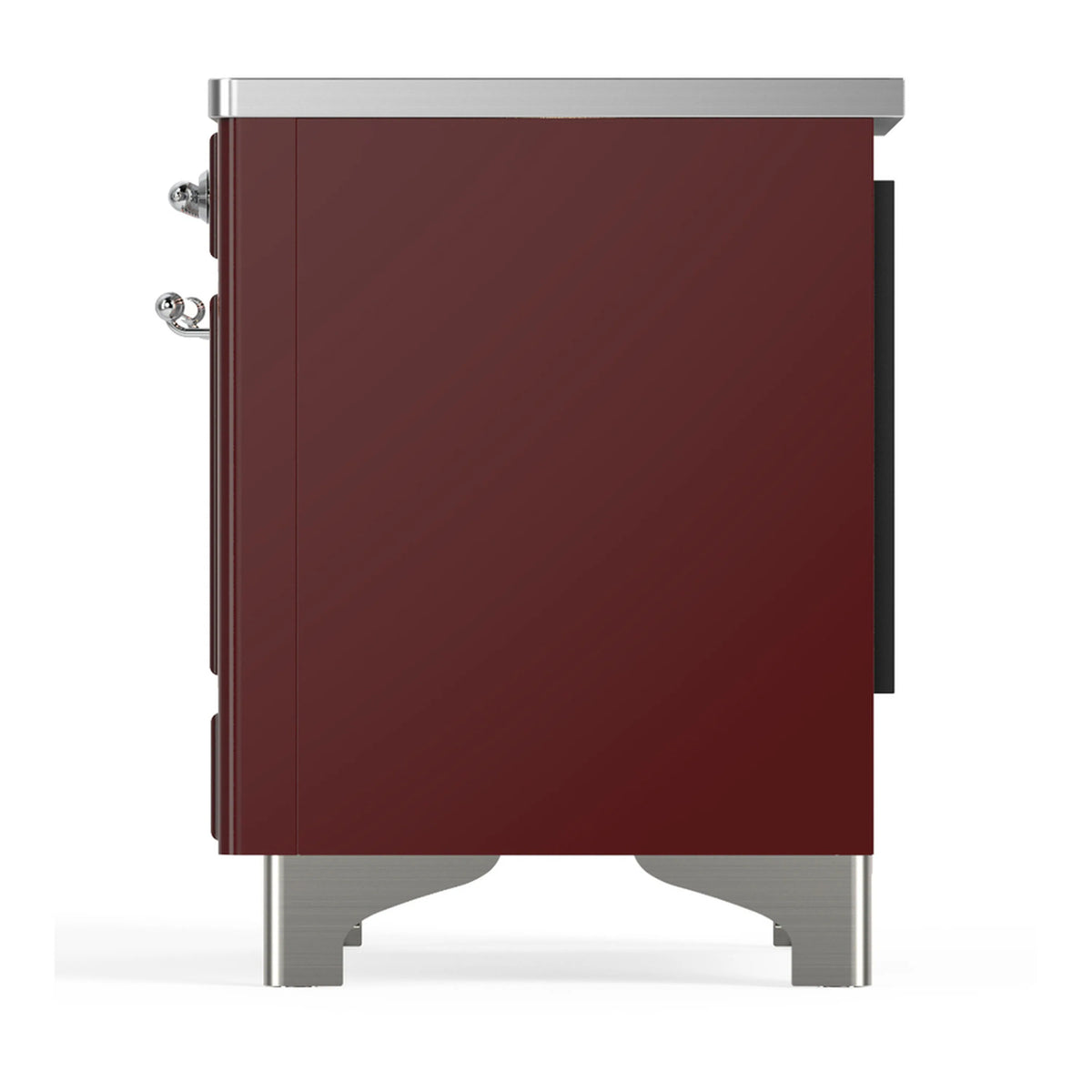 Burgundy side panel of induction range with chrome hinges and trim