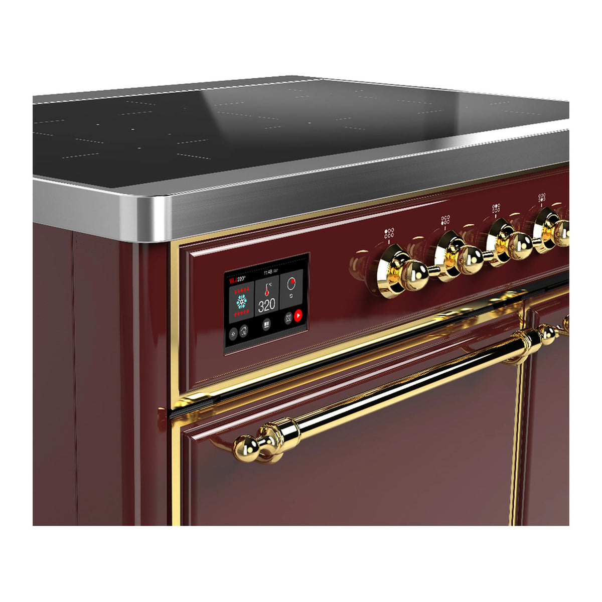 Burgundy range control panel with digital display and brass rotary knobs