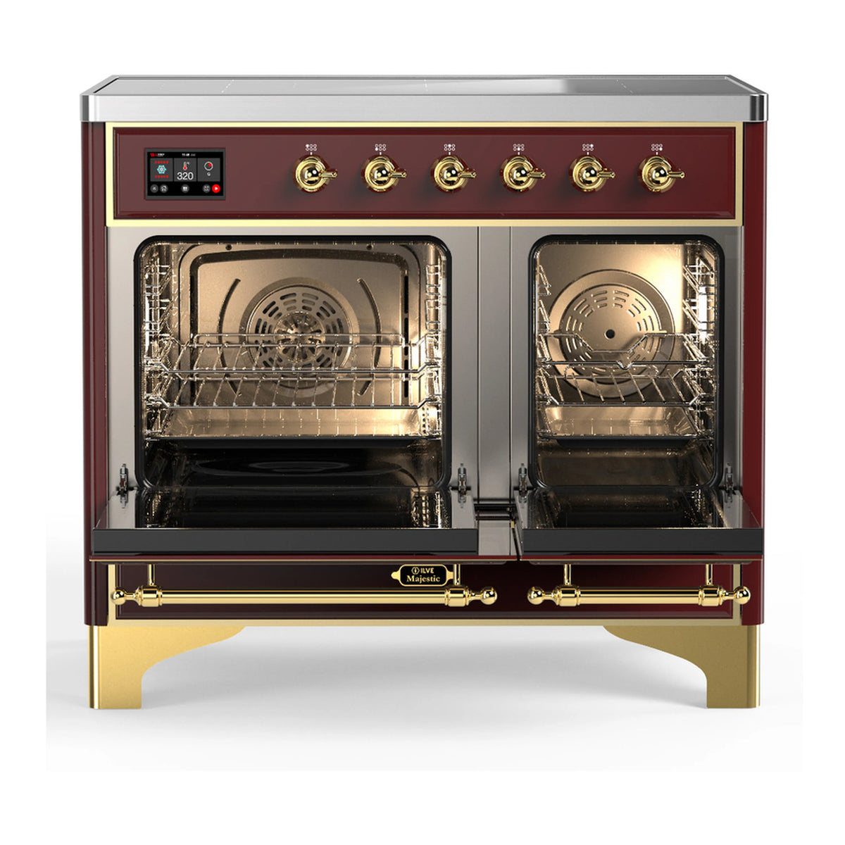 Burgundy induction range with oven door open to reveal racks and interior fan