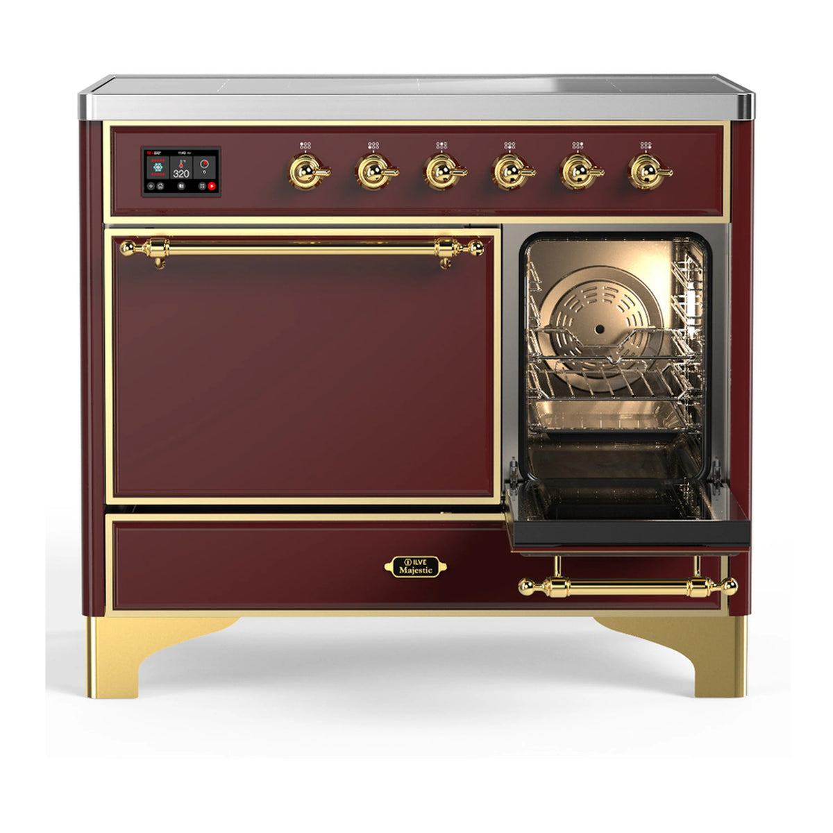 Burgundy induction range with oven door open, showing interior rack and fan vents