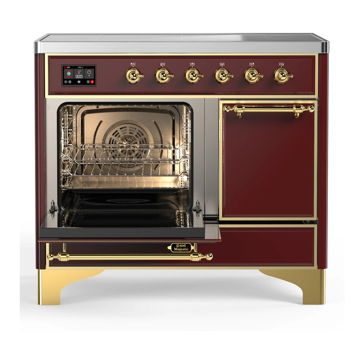 Burgundy induction range with oven door open and side access door closed