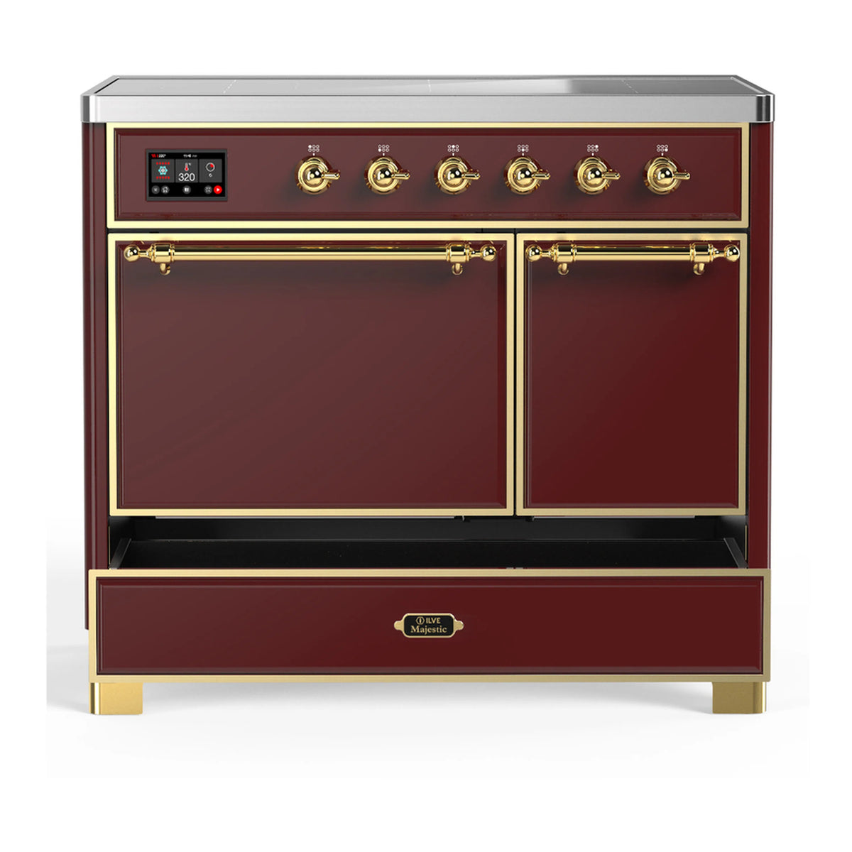 Burgundy induction range with brass trim and open lower drawer
