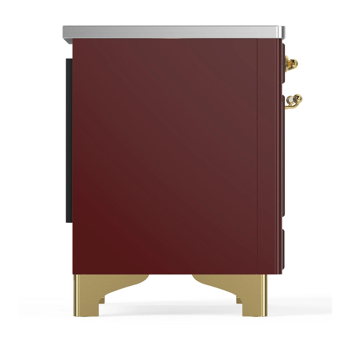Burgundy induction range side view with stainless top and brass accents