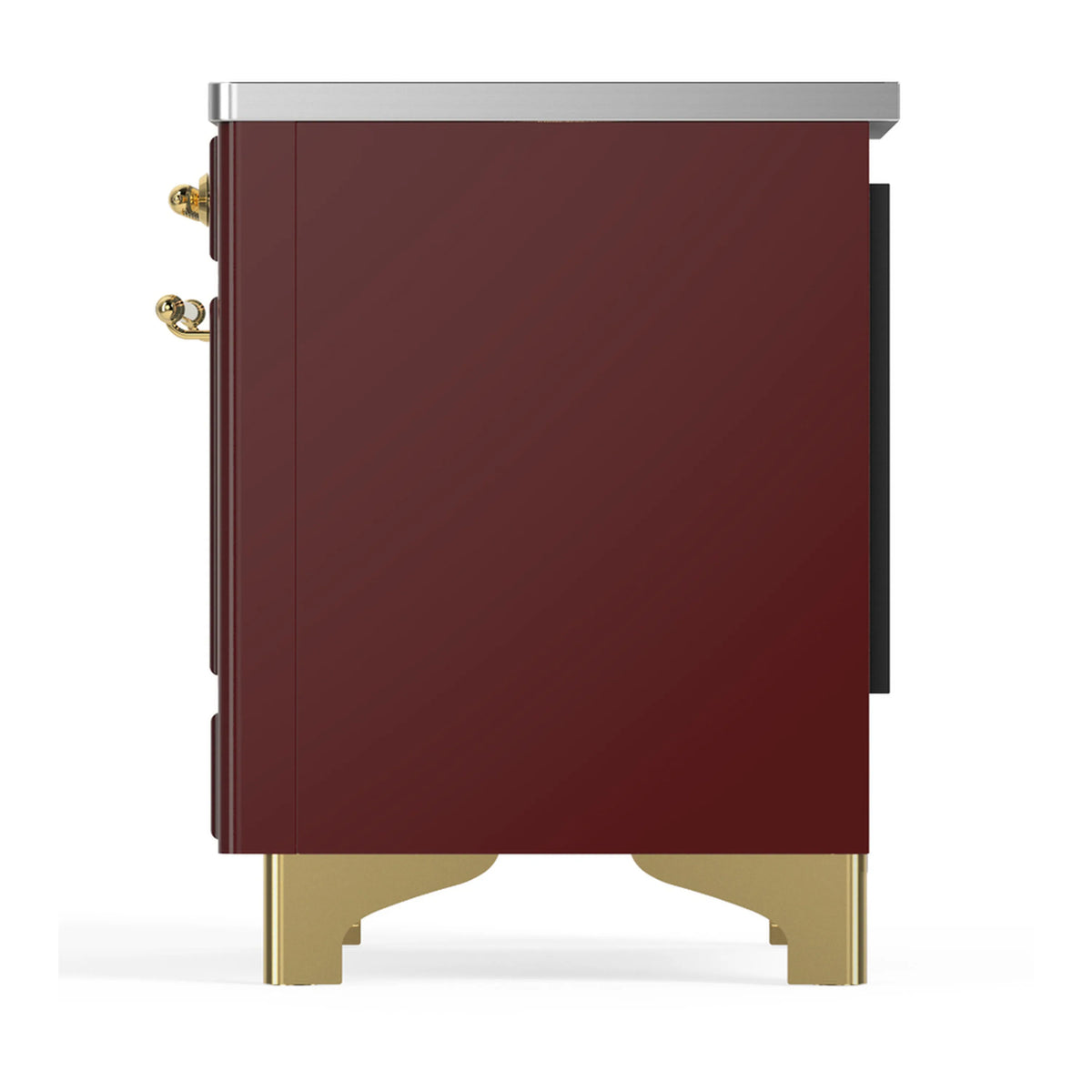 Burgundy induction range side view with brass handle hardware and stainless top