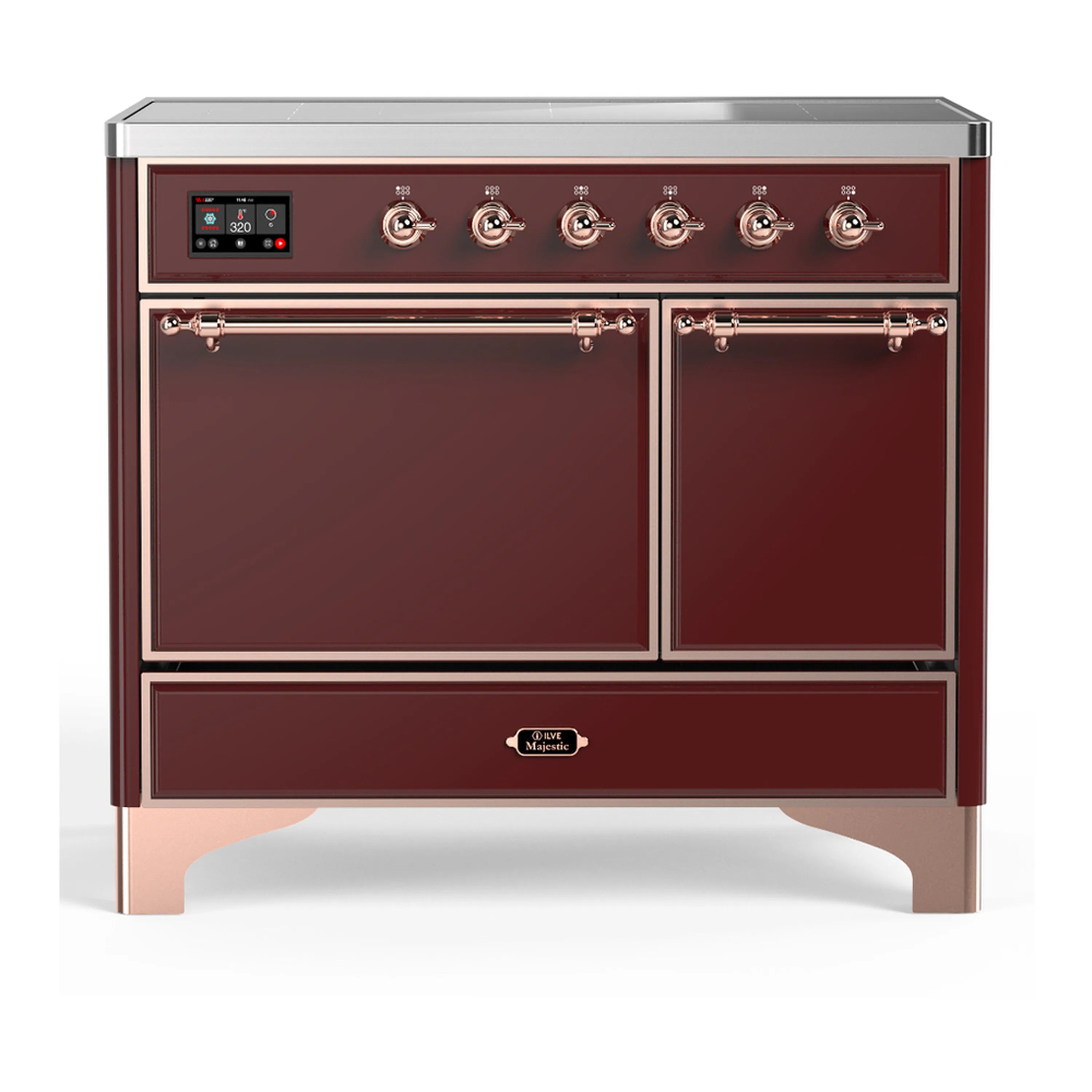 Burgundy induction range with copper trim, dual oven doors, and control panel with knobs