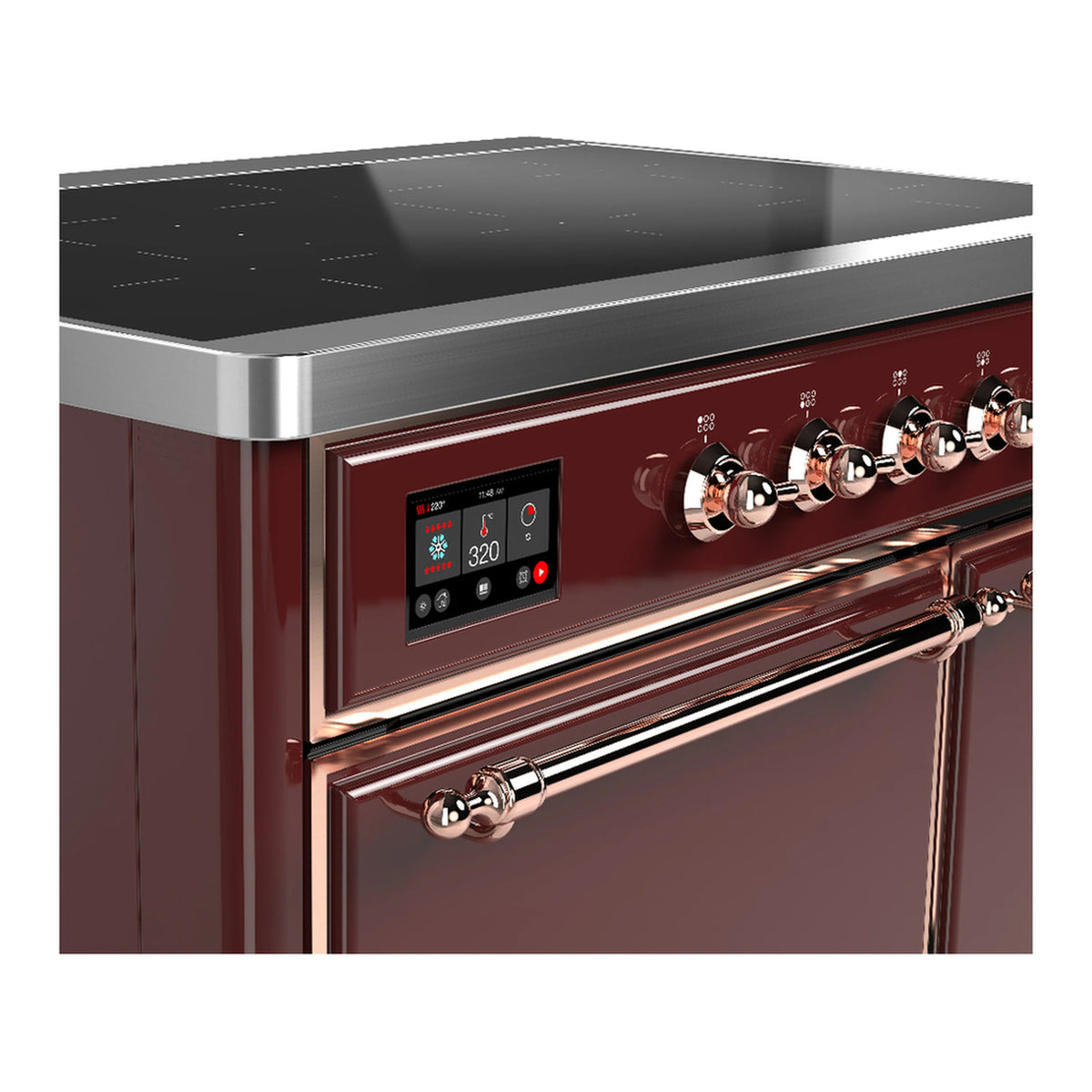 Copper-trimmed control panel and burner knob row on burgundy induction range