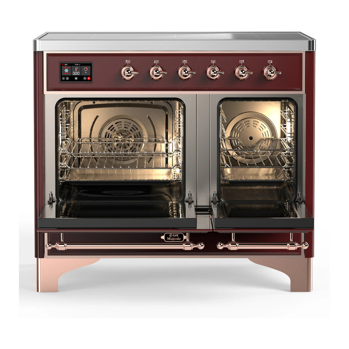 Burgundy induction range with oven doors open, showing two interior racks and fan