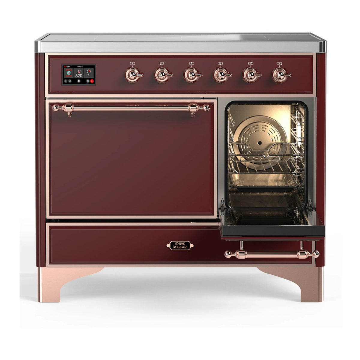 Burgundy induction range with oven door open, displaying interior rack and fan