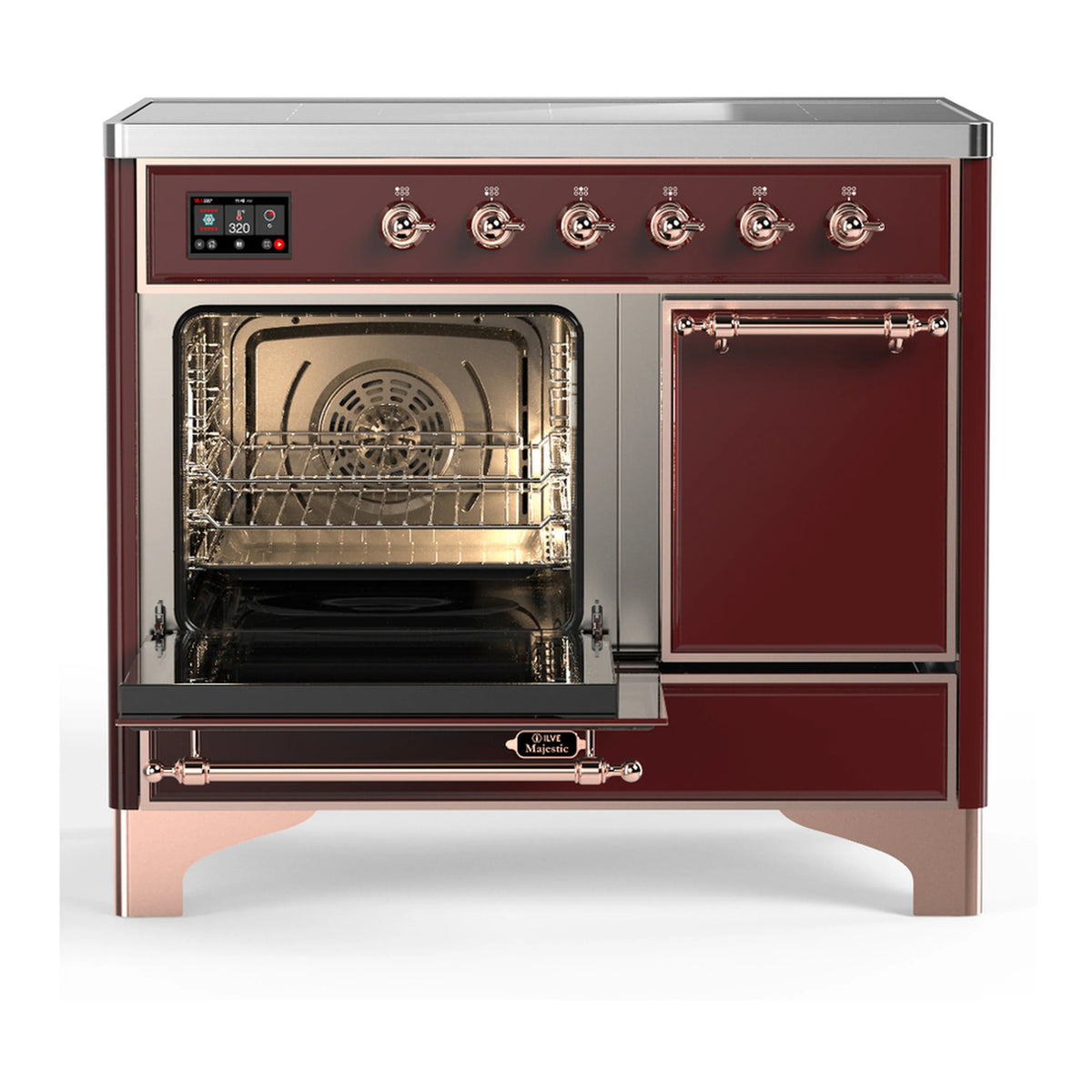 Burgundy induction range with one oven door open and cooktop knobs and controls