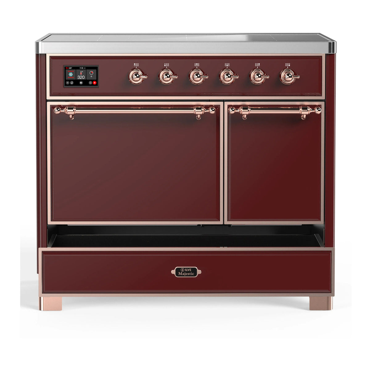 Burgundy induction range front view with oven doors closed and bottom drawer open