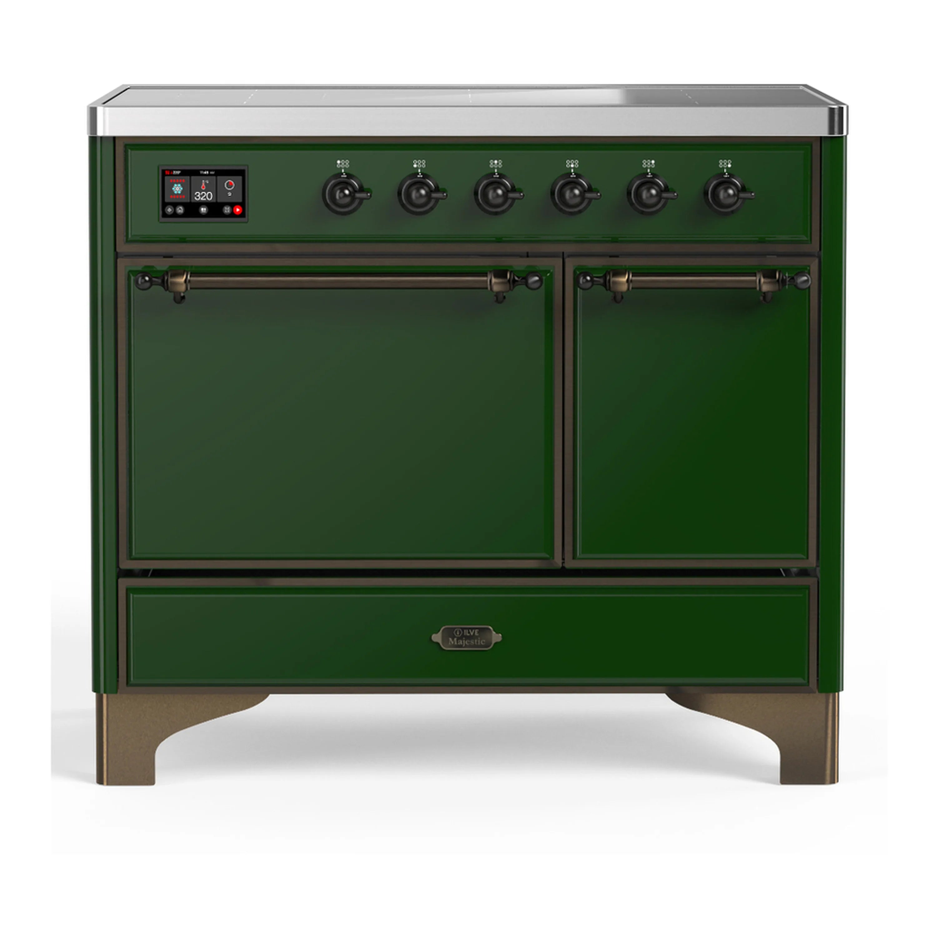 Emerald green induction range with six cooktop controls and solid electric oven doors