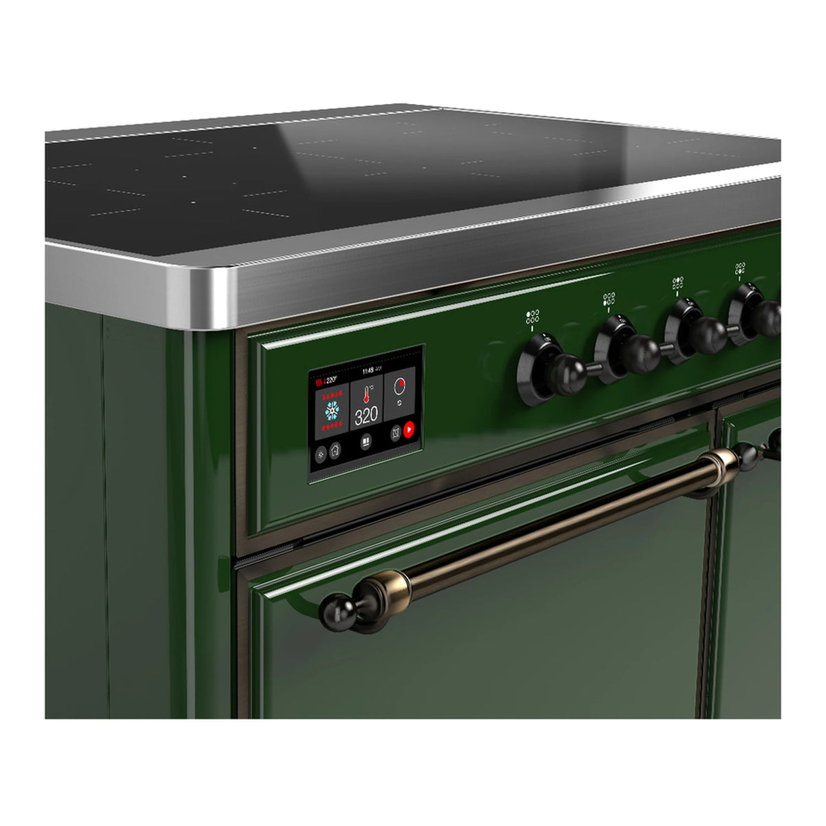 Emerald green cooktop control panel with digital display and black control knobs